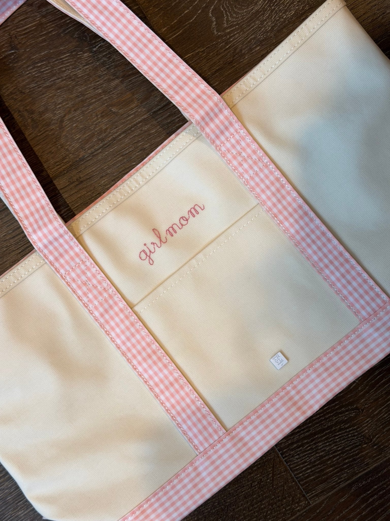 Gingham Taffy Trim “Girl Mom” Medium Tote - by Morrow & Main