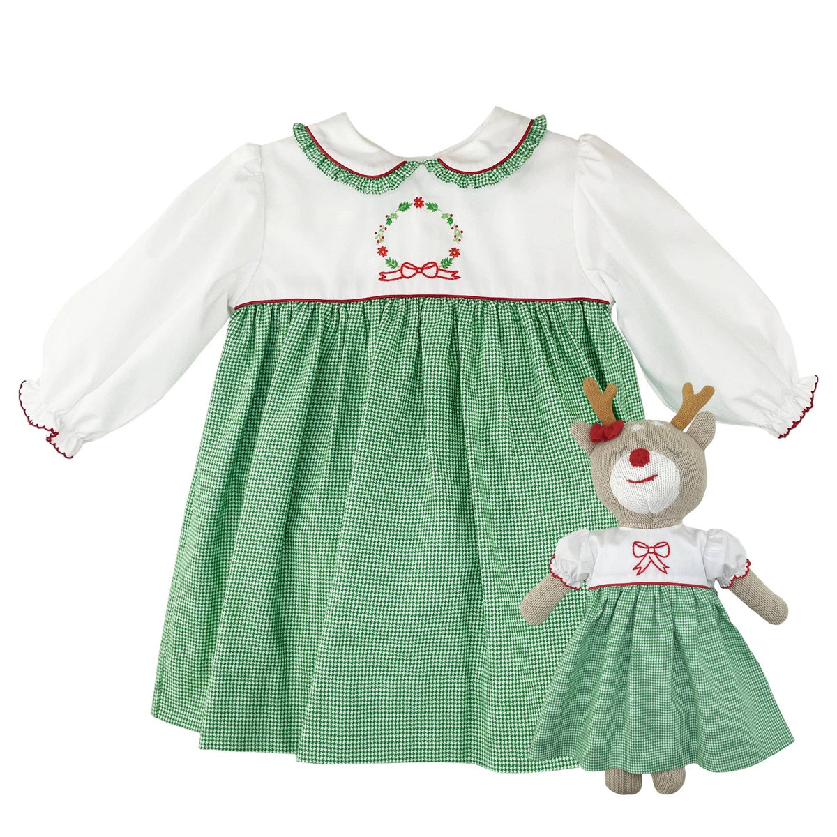 Knit Reindeer Doll with Embroidered Green Check Dress: 14" - by Morrow & Main