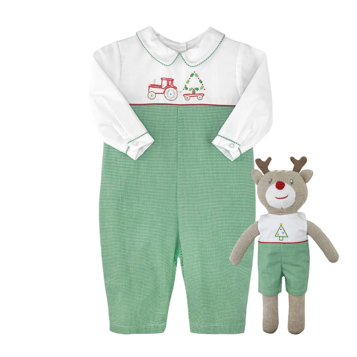 Knit Reindeer Doll with Embroidered Green Check Romper: 14" - by Morrow & Main