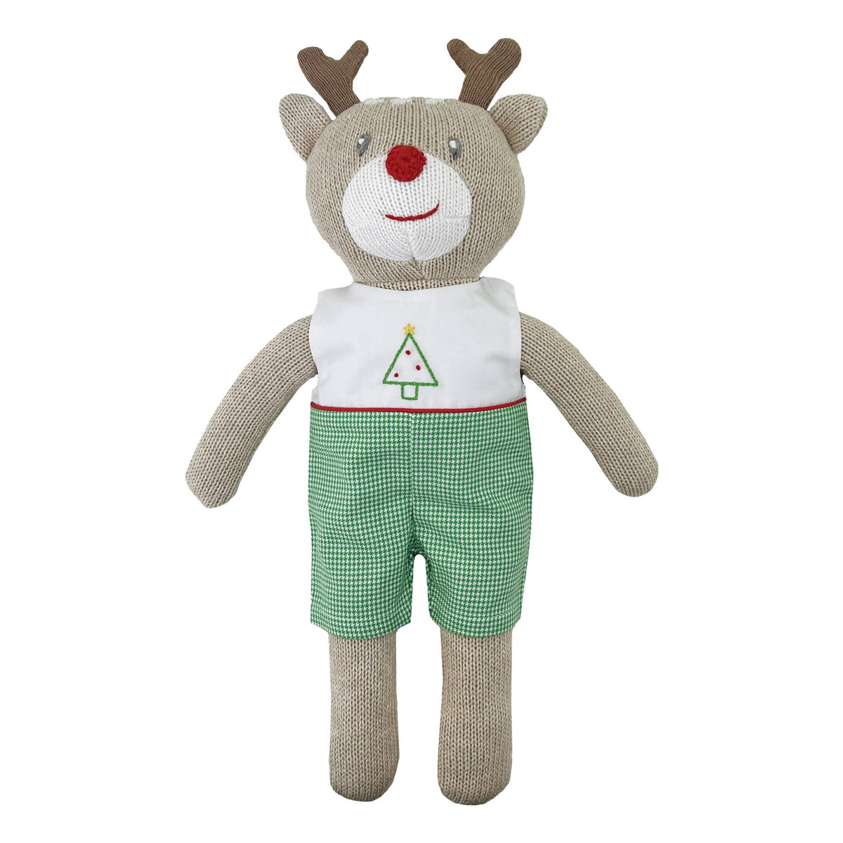 Knit Reindeer Doll with Embroidered Green Check Romper: 14" - by Morrow & Main