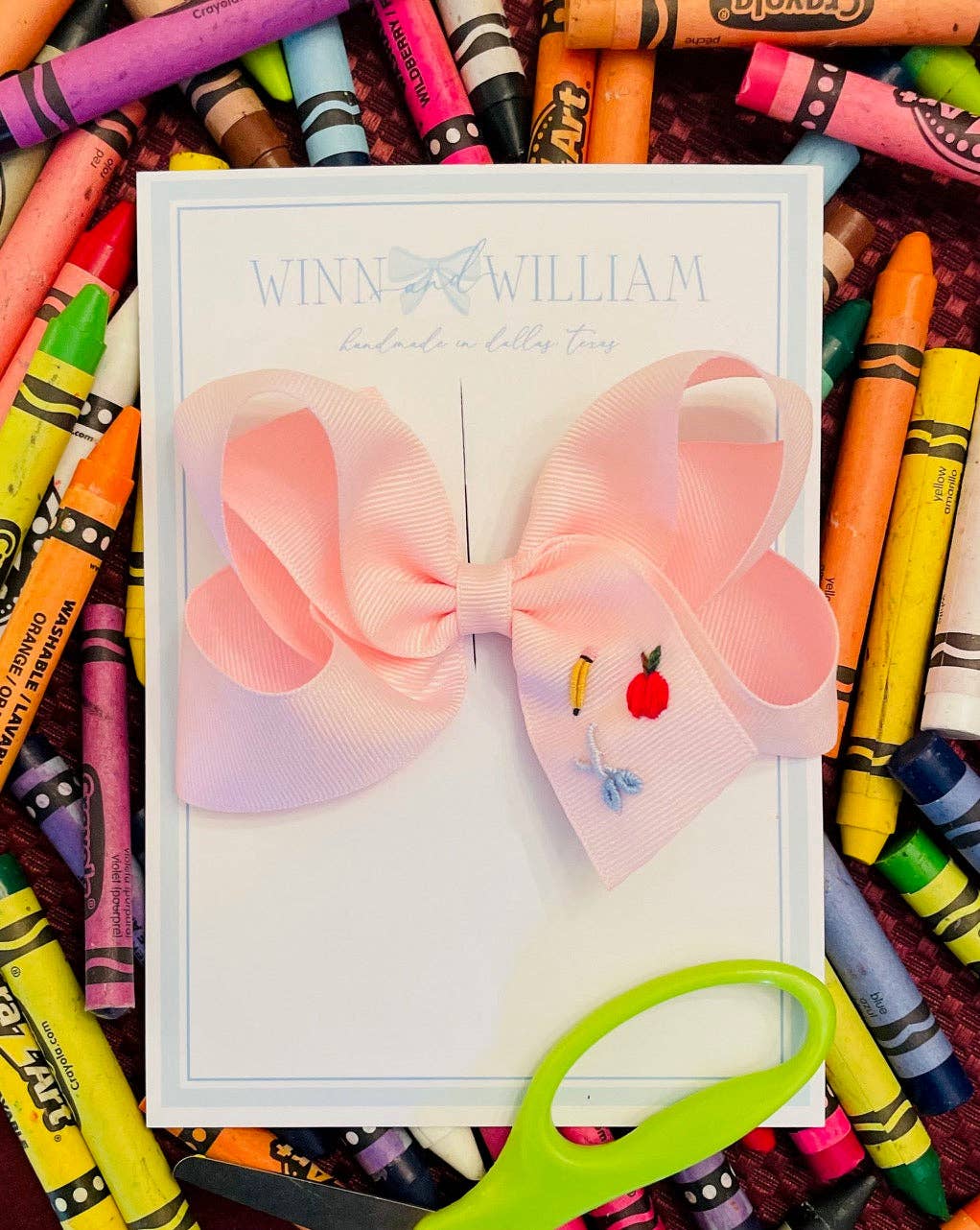 Winn and William - Apples, Pencils, and Scissors Bow: Navy **SHIPS IN JULY** - by Morrow & Main