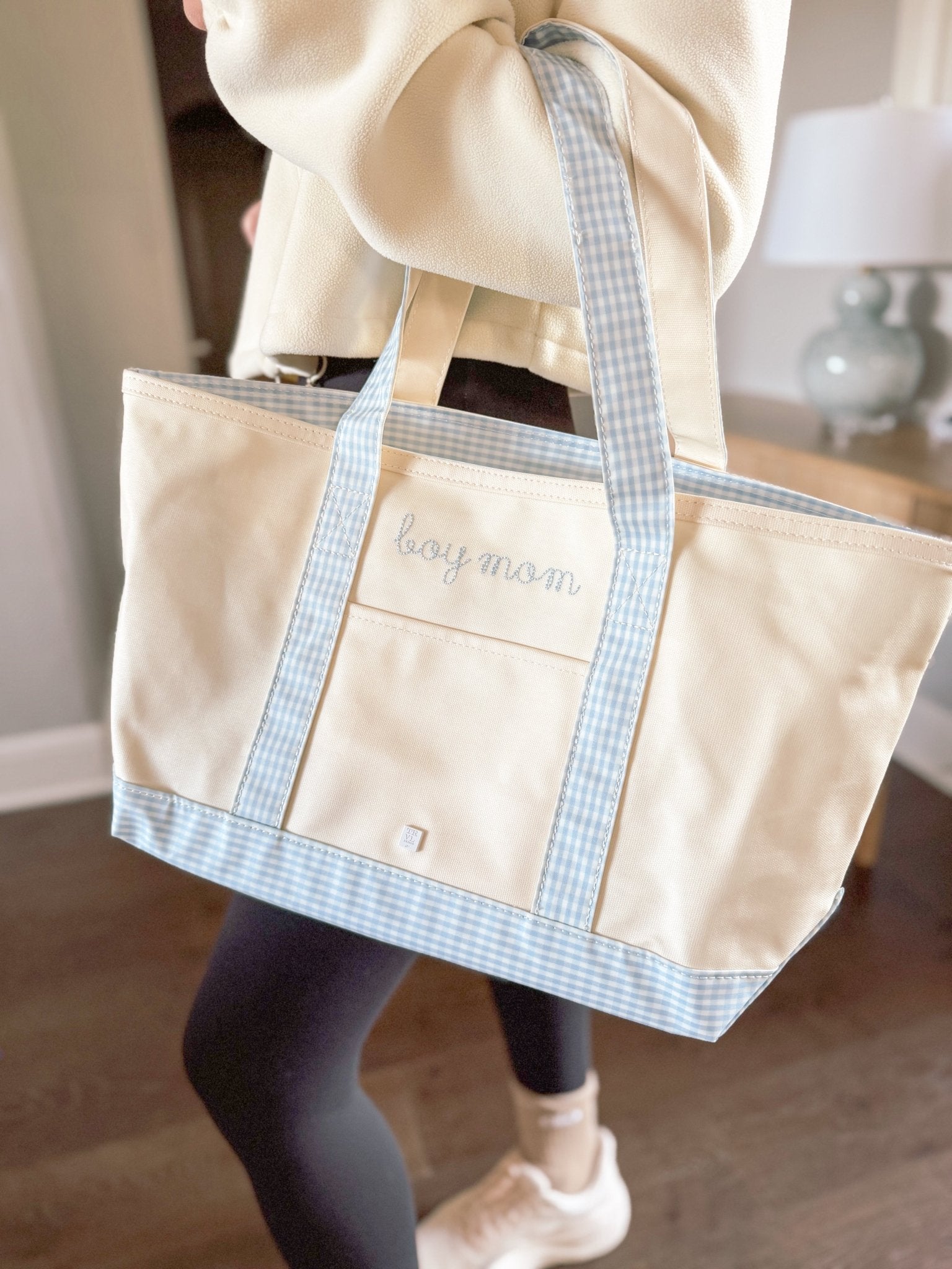 Gingham Mist Trim Medium Tote - by Morrow & Main