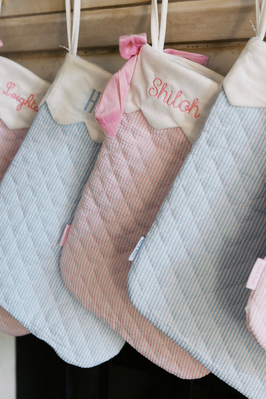 Blue Quilted Seersucker Scalloped Stocking