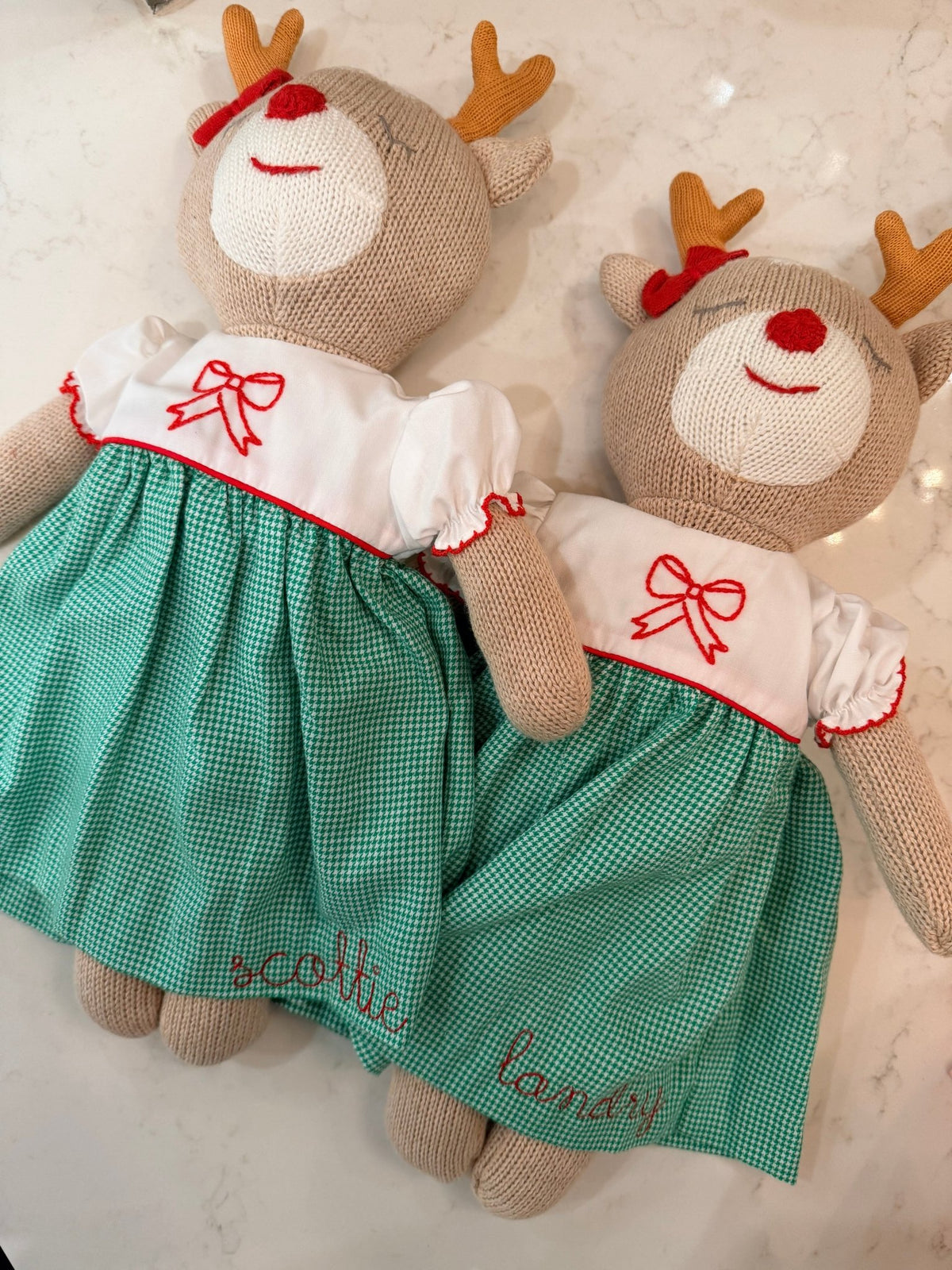 Knit Reindeer Doll with Embroidered Green Check Dress: 14" - by Morrow & Main