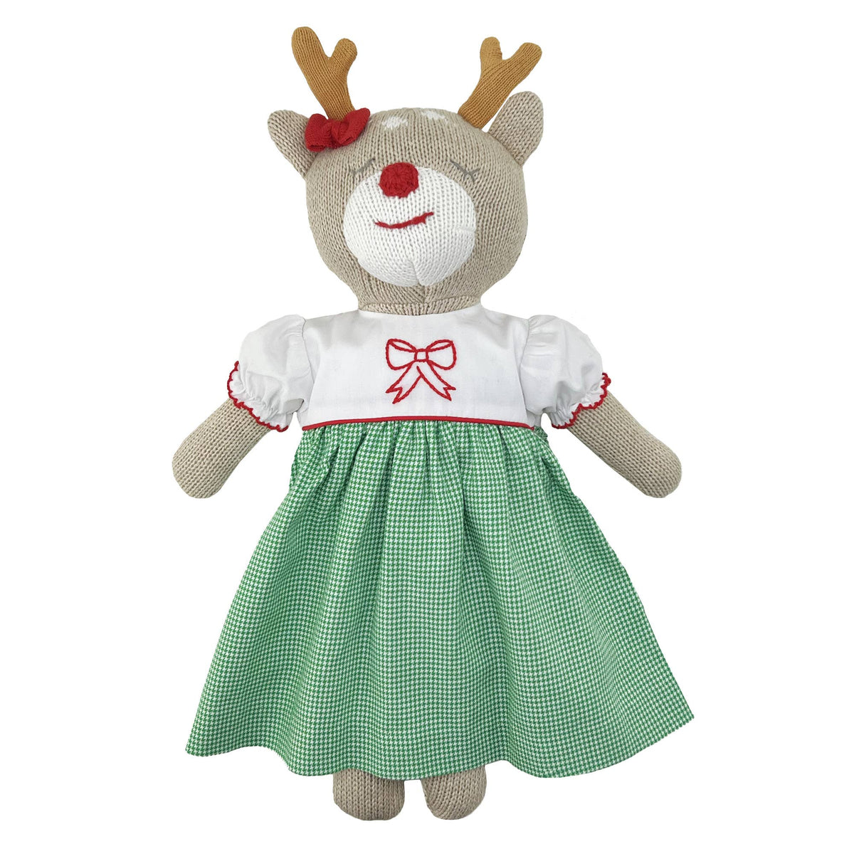 Knit Reindeer Doll with Embroidered Green Check Dress: 14" - by Morrow & Main