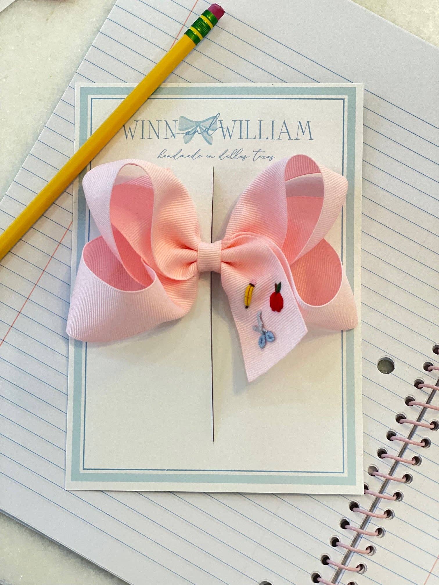 Winn and William - Apples, Pencils, and Scissors Bow: Navy **SHIPS IN JULY** - by Morrow & Main